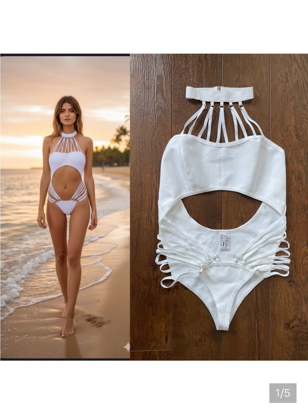 Sexy Strappy Choker Bathing Suit Bodysuit. White. Medium.